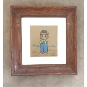 Vintage 1960s Gerda Christofferson Native American Oodees Indian Boy Wood Frame